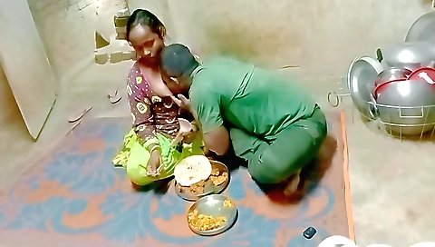 Amateur brunette in a long red dress is showing off