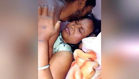 Indian brunette in black stockings and leather top making love