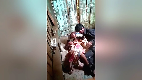 Brunette with a sexy face fucks a man on the village