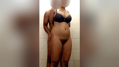 Busty indian desi with a hairy pussy has sex in the bathroom