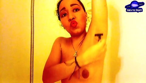 Indian brunette takes bath and fucks her in front of him