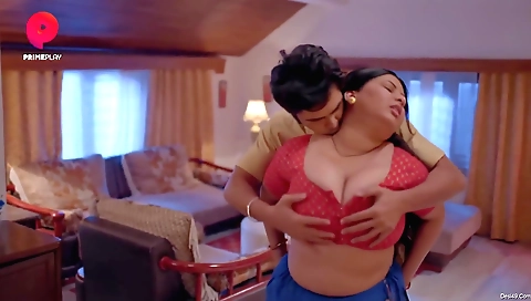 Blonde in a white tank top with big boobs is fucked by two men